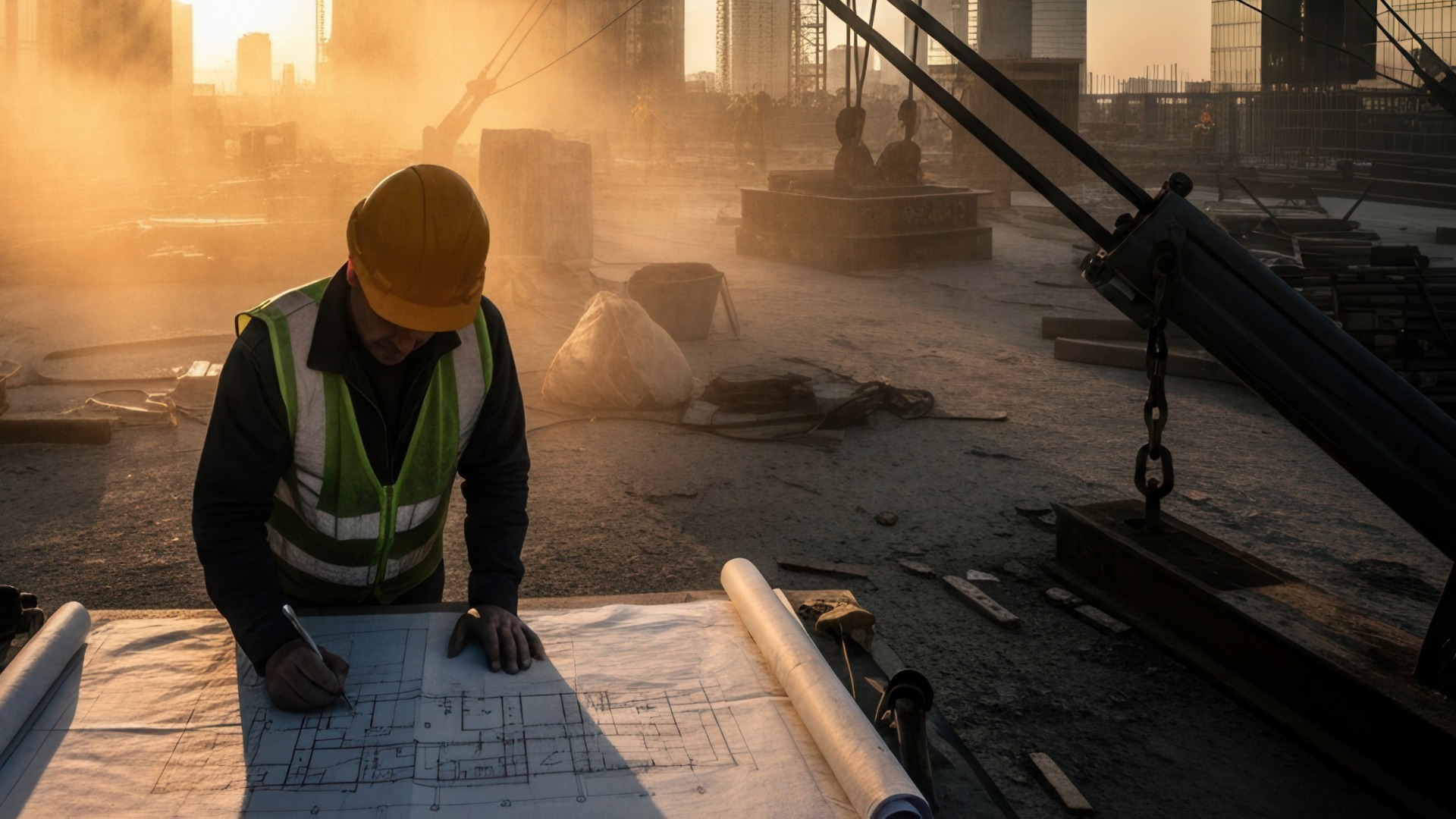 Construction Site Blueprint Review At Sunrise Golden Hour